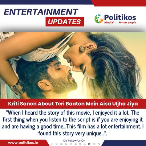 Kriti Sanon About Teri Baaton Mein Aisa Uljha Jiya #politikos #Politikosentertainment #KritiSanon #TeriBaatonMein #SongReview #MusicAppreciation #KritiSanonThoughts #BollywoodMusic #TeriBaatonMeinAisaUljhaJiya Music Appreciation, Bollywood Music, Kriti Sanon, The Script, Desi, Film