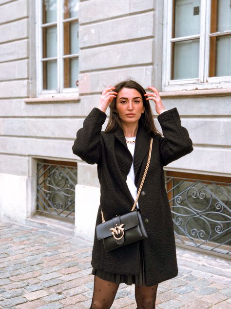 Wearing black coat, white sweater, black zara skirt and black pinko bag while walking in the streets of Geneva Take A Picture, Street Style Chic, Street Chic, Geneva, Street Fashion, Perfect Place, Chic Style, Take A, Take That