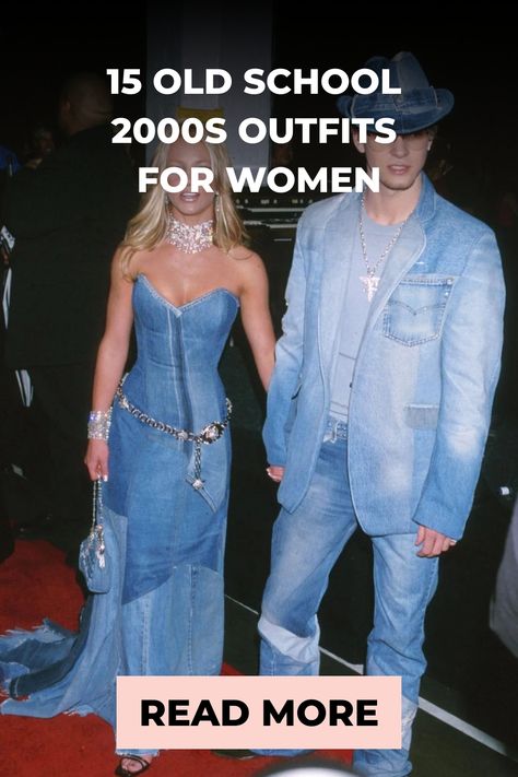 Two individuals at an event dressed in matching denim outfits, exemplifying early 2000s fashion trends for women.