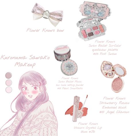 Kuronuma Sawako palette 🤍 Everything is from @flowerknows_global --------------- 🌹 🌹 🌹 - Flower Knows Bow - Swan Ballet Six Colors Eyeshadow Palette - 03 Pink Swan - Swan Ballet Music Box Loose Setting Powder - 01 Pearl Snowflake - Strawberry Rococo Embossed Blush - 01 Angel Chanson - Unicorn Crystal Lip Gloss - J01 🌹 🌹 🌹 --------------- #fyp #fypage #fypシ #fypシ❤️💞❤️ #kbeauty #kbeautyblogger #kbeautyreview #jbeauty #skincare #makeup #makeuplove #kbeautyproducts #cbeauty #flowerknows #douy... Shojo Girl Makeup, Shojo Makeup, Kuronuma Sawako Outfits, Shoujo Girl Makeup, Sawako Makeup, Sawako Kuronuma Outfit, Shoujo Makeup, Sawako Kuronuma Icons, Douyin Beauty