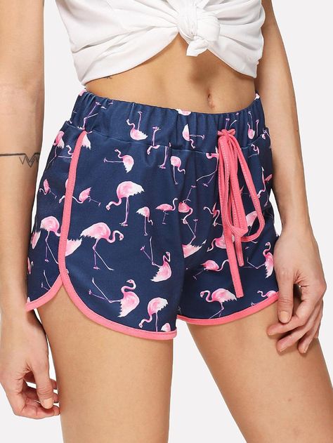 Contrast Trim Flamingo Print Shorts -SheIn(Sheinside) Flamingo Clothes, Flamingo Things, Flamingo Outfit, Flamingo Fashion, Women Shorts, Flamingo Print, Fashion Victim, Summer Party Dress, Print Shorts