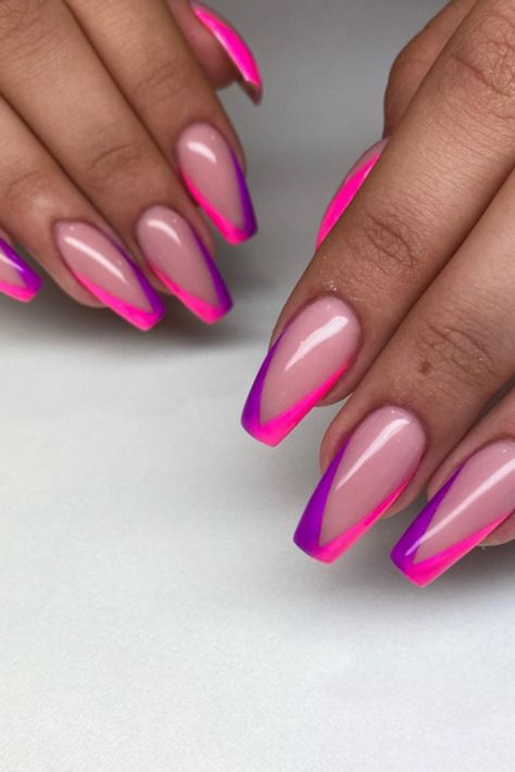 French Tip Multi Color, Ombre Different Color Nails, Ombré Colored Nails, Nails Designs Unique, French Nail Designs Colorful, Nail Colour Tips, Nails With Tips Colored, Unique French Tip Nails Coffin, Coffin Tip Nails Design