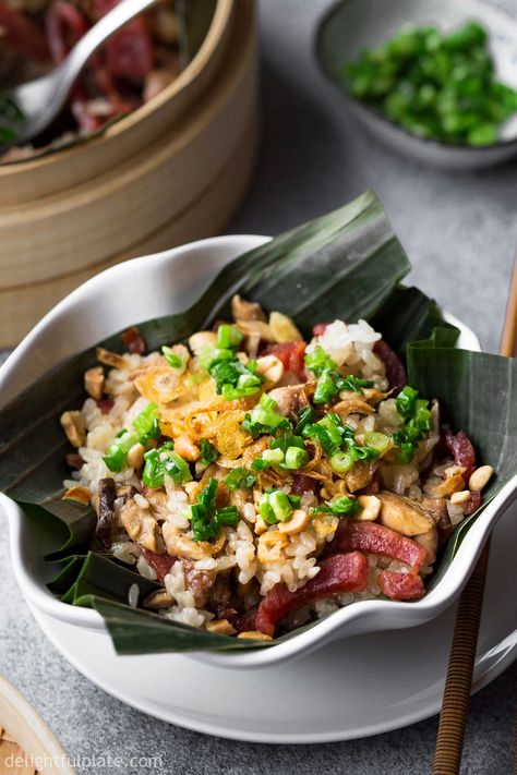 Easy chicken sticky rice with shiitake mushrooms and sweet sausages steamed in one pot. Serve with roasted peanuts and scallion oil. #vietnameserecipe #stickyrice #chickenrecipe Food Aethestic, Bamboo Steamer Recipes, Sticky Rice Recipe, Lap Cheong, Vietnamese Foods, Recipe Inspirations, Asian Noodle Dishes, Vietnamese Chicken, Asian Side Dishes