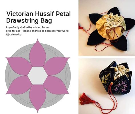 Petal Drawstring Bag, Lotus Bag Pattern, Petal Bag Pattern, Leather Diy Gifts, Decorate Bag Ideas, Sewing Projects Gift Ideas, Witchy Sewing, Sewing Pattern Bag, Bag Making Patterns