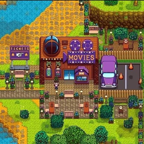 Movie Theater Stardew, Stardew Valley Movie Theater, Stardew Ideas, Stardew Farms, Movie Theater Decor, Stardew Valley Layout, Stardew Valley Farms, The Movie Theater, Movie Decor