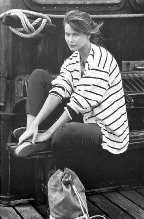 In the Mood for Stripes — The Flair Index Marie Claire Editorial, Fashion 1990s, Models 90s, Breton Stripes, Timeless Shoes, Original Supermodels, 90's Fashion, Claudia Schiffer, Summer Stripes