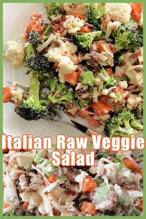 Italian Raw Veggie Salad, Italian Veggie Salad, Italian Broccoli Salad, Pot Luck Veggie Dishes, Raw Veggie Salad, Cold Veggie Salad, Pot Luck Salads, Raw Veggie Recipes, Crunchy Cauliflower