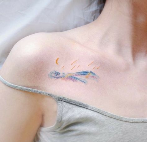 Moutain Tattoos, Small Dope Tattoos, Ankle Tattoo Ideas, Pixie Tattoo, Blue Ink Tattoos, Colorful Tattoo, Tattoos To Cover Scars, Sunset Tattoos, Pink Tattoo