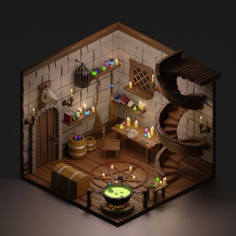 This is a low poly version if a isometric witch lair. Made with blender. Isometric Witch Room, Blender 3d Isometric Room, Witch Lair Concept Art, Isometric 3d Art, Isometric 3d Room, Blender Isometric Room, Isometric Art Room, Witch Room Ideas, Blender Isometric