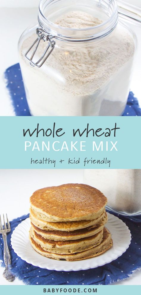 This easy Whole Wheat Pancake Mix takes 5 minutes to toss together and is made with whole wheat, ground flax seeds and just the right amount of cinnamon. It's the perfect make-ahead staple to stock in your pantry for a quick breakfast on a busy morning! #pancakes #breakfast #wholewheat Wheat Flour Pancakes, Toddler Breakfast Recipes, Basic Pancakes, Pancake Mix Recipe, Morning Pancakes, Whole Wheat Pancakes, Wheat Pancakes, Pancakes Breakfast, Baby Puree Recipes