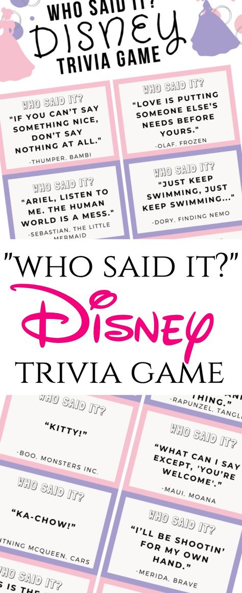 Who Said It Disney Trivia Game is a fun, family night game to encourage time together at home while also playing something fun and creative!  #disney #trivia #familynight #gamenight #parenting #stayathome #printable Disney Theme Games Activities, Disney Jeopardy Questions, Adult Disney Party Games, Disney Trivia For Kids, Disney Party Games For Adults, Disney Games Party, Disney Games For Adults, Trivia Night Theme Ideas, Family Trivia Games