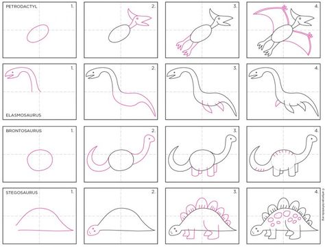 How to Draw Simple Dinosaurs · Art Projects for Kids Easy Dinosaur Drawing, Dinosaur Art Projects, Cartoon Drawing Tutorial, Dinosaur Drawing, Directed Drawing, 3rd Grade Art, Art Projects For Kids, Dinosaur Crafts, Dinosaur Coloring Pages