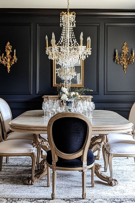 Add vintage glam to your dining room with elegant decor and classic touches. #VintageGlam #DiningRoomDecor #ElegantLiving Formal Dining Rooms Elegant, Modern Elegant Dining Room Luxury, Vintage Glam Dining Room, Elegant Dining Room Luxury, Glam Dining Room Ideas, Parisian Dining Room, Parisian Dining, Vintage Glam Fashion, Formal Dining Rooms