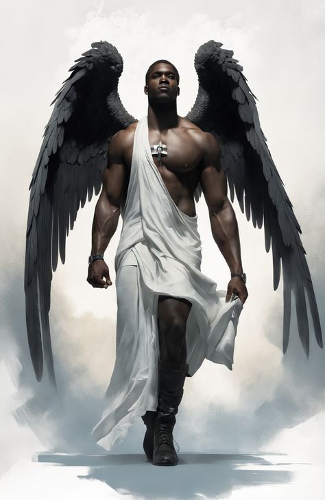 Black Angel Aesthetic, Black Male Angel, Winged Characters, Arc Angels, Heavenly Realm, African Superhero, Male Angels, Afrofuturism Art, Male Angel