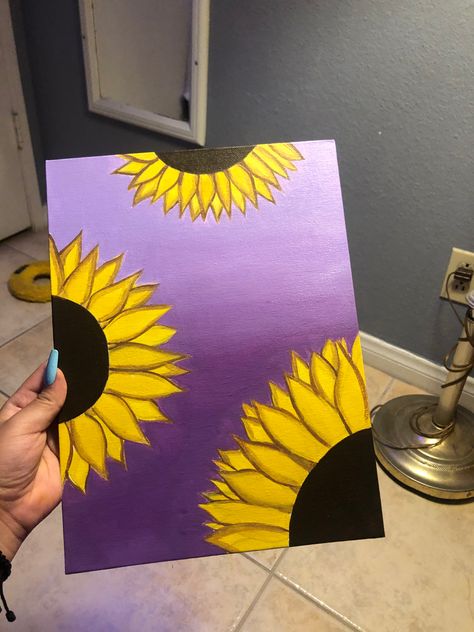 Sun Flower Painting Easy, Diy Sunflower Painting, Sunflower Painting Easy, Easy Sunflower Painting, Sunflower Canvas Painting, Purple Sunflower, Diy Sunflower, Cute Easy Paintings, Poster Color Painting