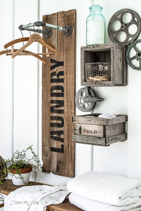 Creating an industrial farmhouse reclaimed wood and pipe LAUNDRY sign hanging station with crate shelves, with Funky Junk's Old Sign Stencils and Fusion Mineral Paint | funkyjunkinteriors.net Interior Design Minimalist, Upcycled Projects, Crate Shelves, Farmhouse Laundry, Farmhouse Laundry Room, Laundry Room Storage, Laundry Mud Room, Hus Inspiration, Funky Junk