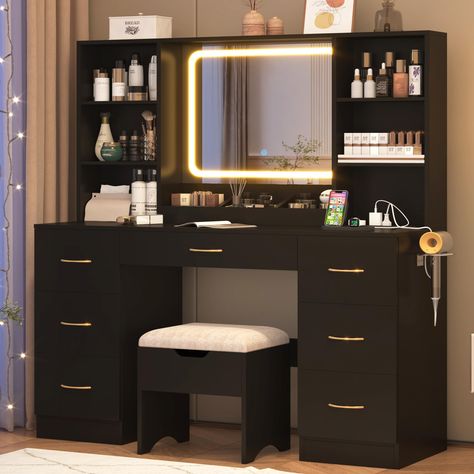 PRICES MAY VARY. 7-Drawers Vanity Set w/ Storage Stool: Large Storage Space,47 inch Large desktop suitable for making up and storing daily cosmetics; 7 deep drawers can store cosmetics, skin care products, office supplies, underwear, etc and 6 open storage space, all of your makeup, hair and body products can fit and keeps them stored and safe. Plus our vanity come with cushin stool which also has storage space, bang for your money. Our large vanity desk gives you tons of storage to keep everyth Black And Gold Makeup Vanity, Make Up Room Design Interiors, Black Vanity Bedroom, Make Up Vanities, Small Vanity Ideas Bedroom, Amazon Vanity, Mirror For Room, Black And Gold Vanity, Bedroom Table Decor