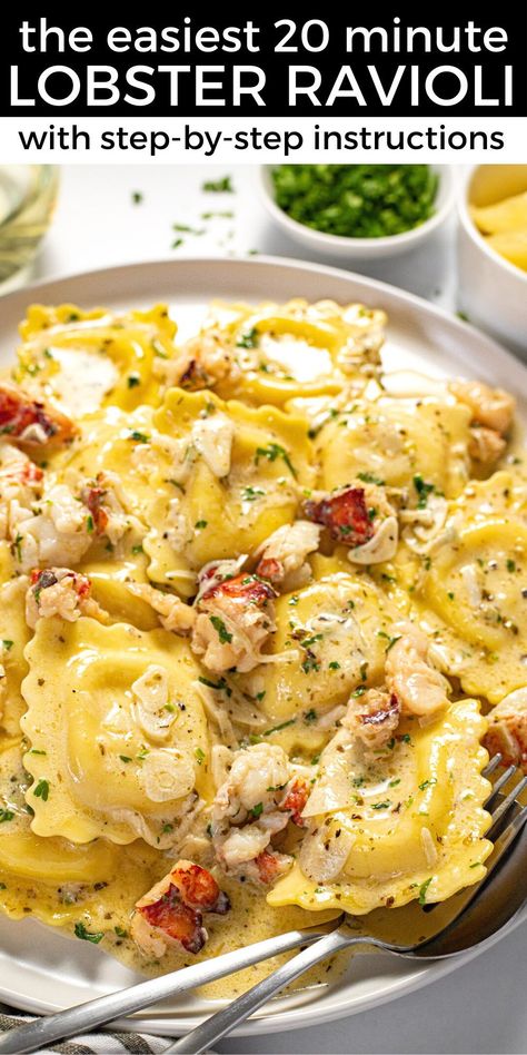 This easy lobster ravioli recipe is a restaurant-quality dish that literally takes less than 20 minutes from start to finish! Al dente cheese ravioli is tossed in a creamy garlic white wine sauce with chunks of sweet, tender lobster meat throughout. Cheese Ravioli White Sauce, Lobster Ravioli White Wine Sauce, Lobster Ravioli Cream Sauce, Lobster Ravioli Dinner Ideas, Best Sauce For Lobster Ravioli, Lobster Ravioli Sauce Recipe, Lobster Ravioli Recipe, Ravioli Dinner Ideas, Ravioli Sauce Recipe