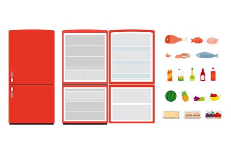 Red flat fridges. Close and open empty refrigerator. Vector food icons. Illustration of refrigerator and fridge open, freezer with nutrition Empty Refrigerator, Vector Food, Red Flats, Paper Dolls Printable, Cellphone Wallpaper, Design Bundles, Paper Dolls, Refrigerator, Illustration Design