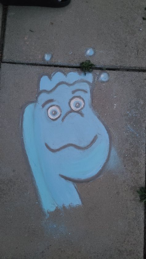 Wade from Disney elemental. Chalk art Inside Out Chalk Art, Chalk Art Tangled, Disney Character Chalk Art, Easy Side Walk Chalk Art, Sidewalk Chalk Art Disney, Disney Elemental, Side Walk Chalk Art Aesthetic, Fun Chalk Art, Chalk Wall