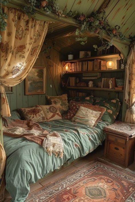 Light Walls Dark Bedding, Low Ceiling Attic Bedroom Cozy, Boho Makeover Home Decor, Dark Cottage Core Room, Aesthetic Room Inspo Vintage, Old Room Aesthetic, Room Inspiration Bedroom Aesthetic, Hippie Bedroom Aesthetic, Whimsical Bedroom Adult