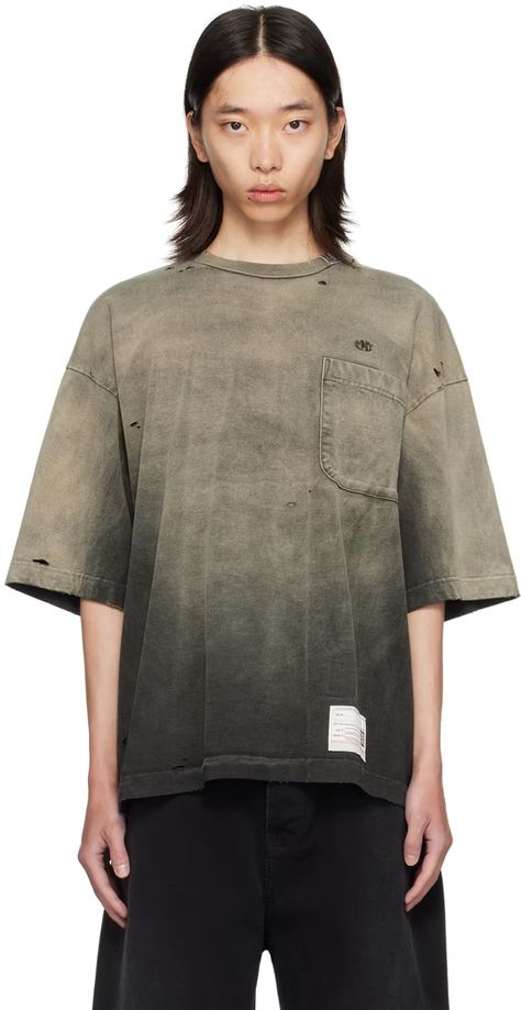 Maison MIHARA YASUHIRO: Beige & Black Sun Faded T-Shirt | SSENSE Heavyweight T Shirt, Maison Mihara Yasuhiro, Maison Mihara, Clothing Mockup, Well Done, Knit Crewneck, Star Shirt, T-shirt Polos, Jersey T Shirt