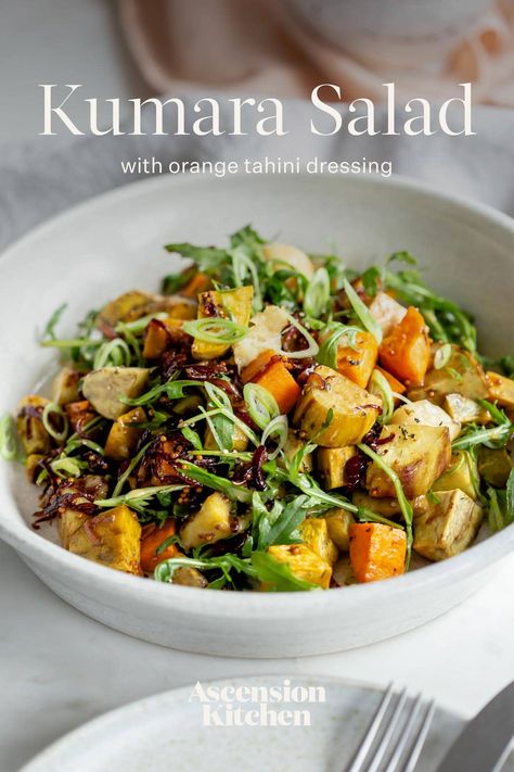 Roast kumara salad with an orange tahini dressing – a lighter take you can enjoy year-round! Kumara Salad, Kumara Recipes, Kiwi Recipes, Salad Easy, Beautiful Salad, Ambrosia Salad, Vegan Salad Recipes, Orange Salad, Salad Recipes For Dinner