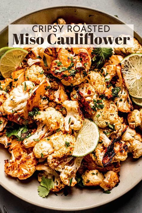 Miso Cauliflower is a delicious and healthy side dish. Cauliflower is tossed in a glaze of miso, soy and red pepper flakes then roasted until perfectly browned and crisp. {Vegan + Gluten Free} // roasted cauliflower // vegetable // healthy recipe Miso Cauliflower, Cauliflower Vegetable, Cauliflower Side Dish, Roasted Cauliflower Recipes, Asian Vegetables, Healthy Side Dish, Vegan Side Dishes, Healthy Side, Veggie Side Dishes