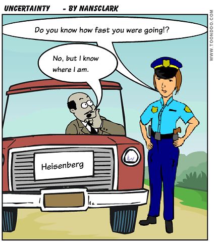 Heisenberg is stopped for speeding... Physics Jokes, Math Cartoons, Physics Memes, Science Cartoons, Physics Humor, Nerdy Jokes, Chemistry Humor, Chemistry Jokes, New Girl Quotes