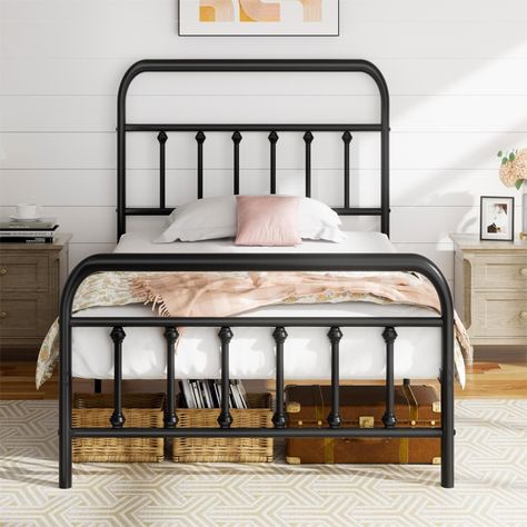 PRICES MAY VARY. 【STRONG AND DURABLE】Experience unparalleled support with our robust bed base, fully constructed from a high-quality metal frame designed for large load-bearing capacity. Featuring 12 sturdy metal slats, this frame ensures a solid foundation for a restful night’s sleep. 【HIGH HEADBOARD DESIGN】High headboard elevate your comfort with our classic bed frame’, designed to offer a perfect backrest for lounging. Enjoy the luxury of propping up soft pillows behind you as you read or wat Black Iron Bed Guest Bedroom, King Size Black Metal Headboard, Metal Twin Bed Roo., Farmhouse Bedroom Two Twin Beds, Ikea Metal Bed Hack, Farmhouse Black Metal Bed Frame, Boys Bedroom With Metal Bed, Black Metal Bed King, Twin Bed Iron