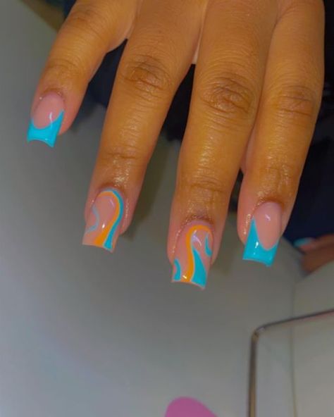 2 Different Nail Designs On Each Hand, Miami Dolphins Nails Football, Miami Dolphins Nail Designs, Simple Short Acrylic Nails Mom, Nail Into Summer, Nail Designs Trending Now Short, Miami Dolphins Tattoo, Miami Dolphin Nails, Different Color Each Nail