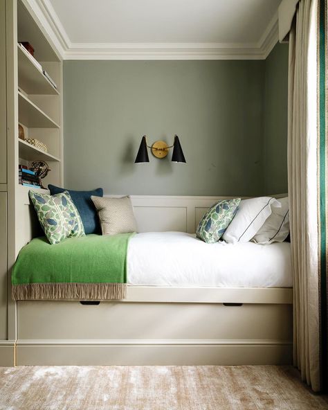 1,363 Likes, 129 Comments - Emma Sims-Hilditch (@emma_sims_hilditch) on Instagram: “We designed this little London bedroom to have pullout storage below and built in bookcase.…” Alcove Bed, London Bedroom, Bed Nook, Built In Bed, Cabin Bed, Small Bedroom Ideas, Built In Bookcase, Tiny Bedroom, Spare Bedroom