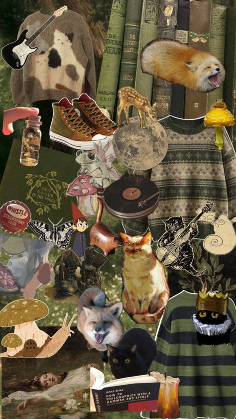 #collage #goblincore #foxes #cats #green #olivegreen #wallpaper #phone Goblincore Wallpaper, Goblincore Aesthetic Wallpaper, Goblincore Clothes, Fox Aesthetic, Goblincore Aesthetic, Earthy Aesthetic, Pretty Wallpapers Tumblr, Goblin Core, Wallpaper Phone