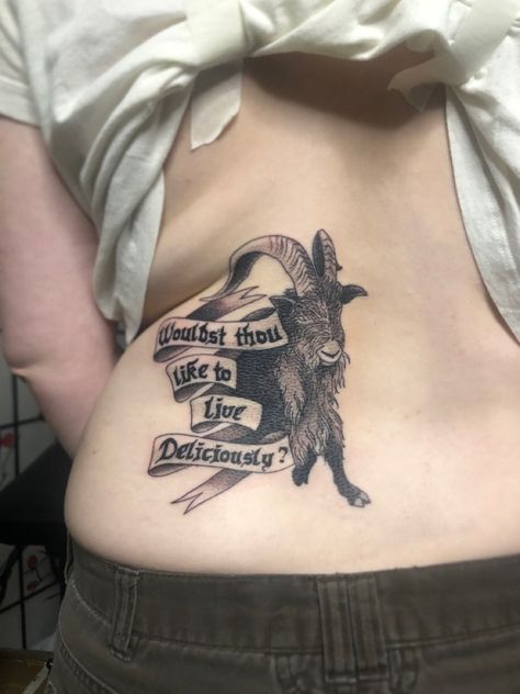 Black Philip Tattoo, Black Phillip Tattoo, Tattoo On Lower Back, Black Phillip, Side Tattoos, Body Modification, Hippie Festival, Body Modifications, Tattoo Inspo