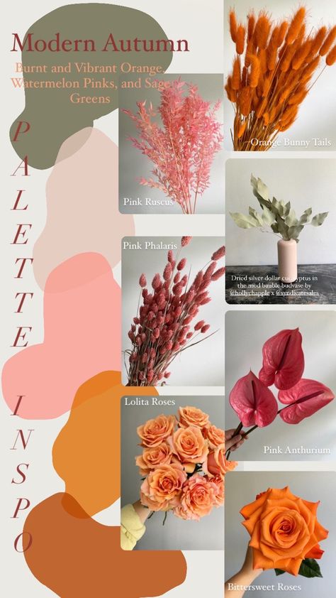 Wedding Fall Palette, Fall Color Flowers Wedding, Fall Wedding Color Palette Pink, Fall Wedding With Pink Color Palettes, Pink Fall Wedding Theme, Dusty Pink And Orange Color Palette, Pink Orange Fall Wedding, Fall Flowers Decor, Orange And Pink Fall Wedding Colors