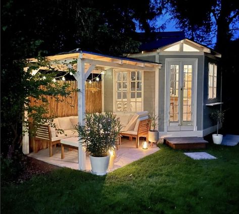 Garden Shed Guest House, Tiny Shed Interior, She Shed Tiny House, Small Backyard With Shed, Library She Shed, Guest House Ideas Backyard, Tiny Summer House, Backyard Casita, Inside She Shed Ideas