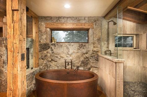 A beautifully renovated mountain-rustic family getaway in Lake Tahoe Copper Soaking Tub, Copper Tub, Refinish Bathtub, Window In Shower, Rustic Bathroom Designs, Casa Country, Rustic Bathroom Decor, Diy Vanity, Rustic Bathrooms