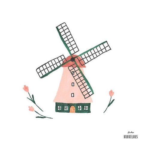 Windmill Drawing, Windmill Tattoo, Brush Pen Art, House Illustration, Sketch Painting, Pen Art, Cute Illustration, A Drawing, Travel Art