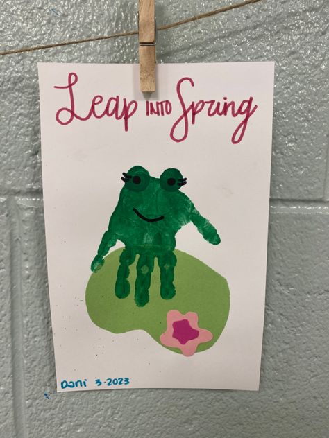 Spring Handprint Crafts For Toddlers, Spring Art Activities For Infants, March Preschool Handprints, Spring Toddler Art Projects, Spring Art Work For Toddlers, Frog Handprint Art, May Toddler Art, Spring Art Ideas For Toddlers, April Crafts For Toddlers Spring