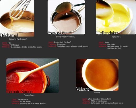 The 5 Basic Mother Sauces  (www.ChefBrandy.com) 5 Mother Sauces, Espagnole Sauce, Five Mother Sauces, Mother Sauces, Bearnaise Sauce, Salt Pork, Brown Sauce, Steak Sauce, Cooking Basics