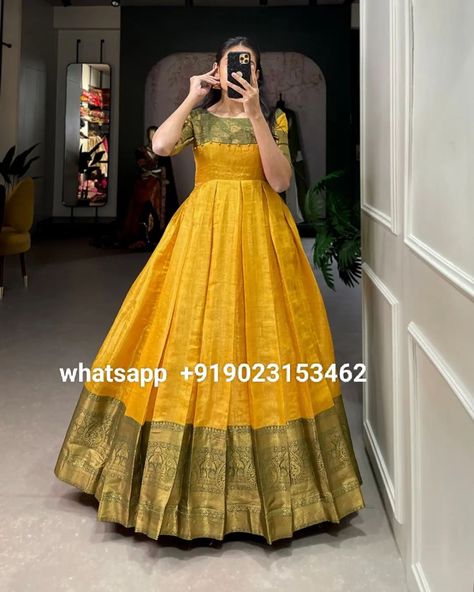 Price: 2050/-❣️ whatsapp us on +919023153462✔️ Kanjivaram With Zari Weaving Work Beautiful Designer Festive Wear South Indian Gown #Kanjivaram #ZariWeaving #SouthIndianGown #FestiveWear #DesignerGown #BeautifulGown #FestiveFashion #IndianWear #SilkGown #TraditionalGown #ElegantGown #KanjivaramSilk #GownDesign #ZariWork #GownLove #SouthIndianStyle #FestiveElegance #DesignerWear #TraditionalElegance #FestiveAttire Indian Gown, Traditional Gowns, Indian Gowns, Festive Wear, Silk Gown, Gowns Of Elegance, South India, Designer Gowns, Designer Wear