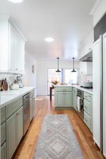 Modern Farmhouse Kitchen - Farmhouse - Kitchen - San Francisco - by Carmit Oron Interior Design | Houzz Galley Kitchen Renovation, Galley Kitchen Design, Galley Kitchen Remodel, Galley Kitchens, Green Cabinets, Galley Kitchen, Modern Farmhouse Kitchens, Kitchen Redo, Modern Farmhouse Style