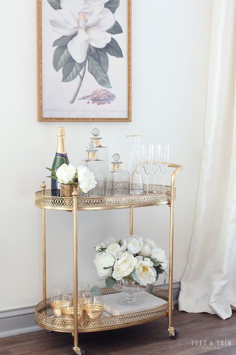 Bar Cart Inspo, Gold Bar Cart Styling, Bar Cart Inspiration, Gold Bar Cart, Bar Cart Styling, Faux Floral Arrangement, Metal Tree Wall Art, Bar Cart Decor, Home Bar Decor