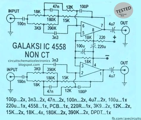 The circuit uses IC 4558 galaxy that is much in demand fellow who likes to assemble audio. IC circuit that rely IC 4558, in which there are two amplifiers or the popular term is that there are two op-amps. First Transistor, Diy Audio Projects, Mini Amplifier, Circuit Board Design, Dc Circuit, Electronic Circuit Design, Subwoofer Amplifier, Electronic Schematics, Class D Amplifier