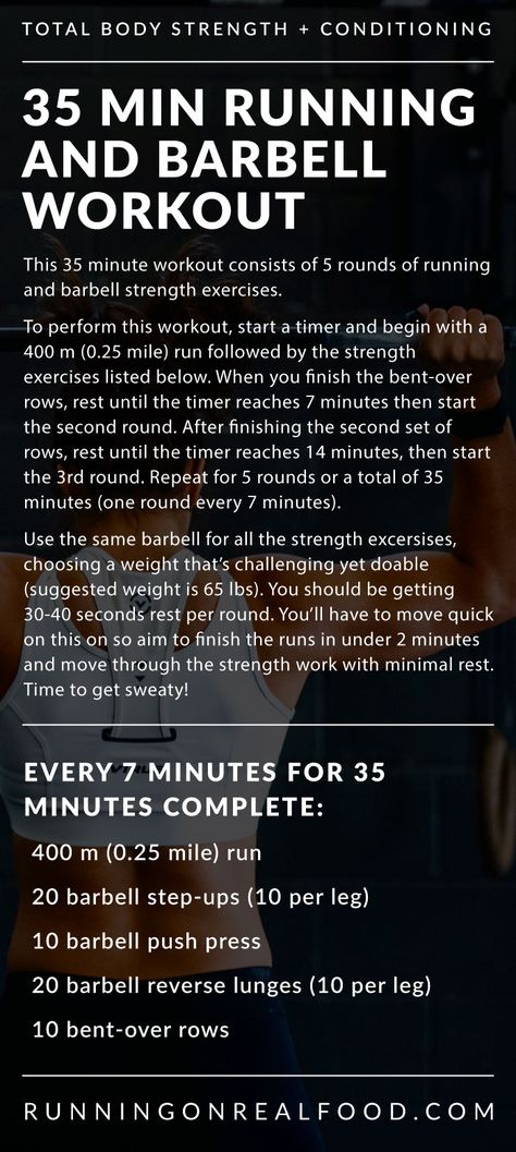 Try this killer 35 minute running and full-body barbell strength workout featuring 400 m runs, step-ups, push press, reverse lunges and bent-over barbell rows. Get ready to sweat! via @runonrealfood Strength Conditioning By Body Part, Barbell Row, Barbell Workout, Build Muscle Mass, Treadmill Workouts, Strength Conditioning, Reverse Lunges, Mental Training, Fitness Challenge