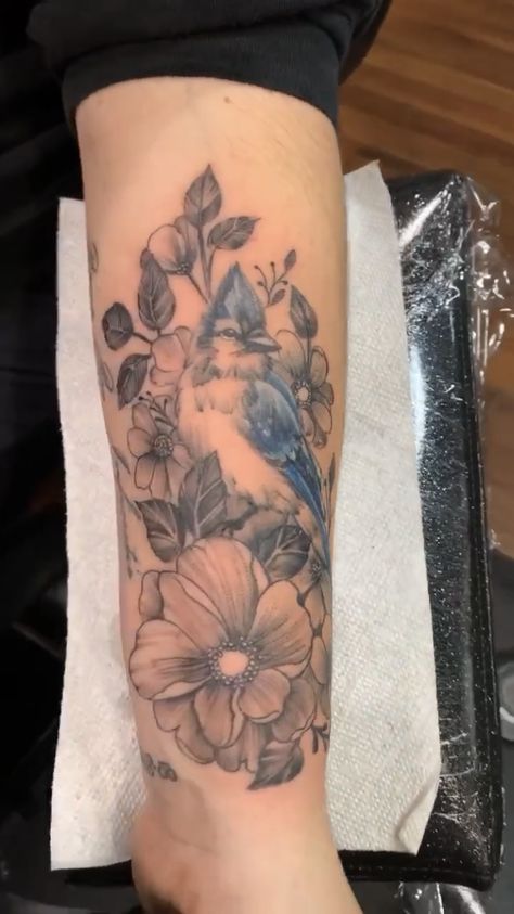 Bluebird Memorial Tattoo, Blue Jay With Flowers Tattoo, Bluejay Cardinal Tattoo, Blue Jay Tattoo Black And White, Heart Anatomy Tattoo, Bluejay Tattoo, Blue Jay Tattoo, Jay Tattoo, Bird And Flower Tattoo