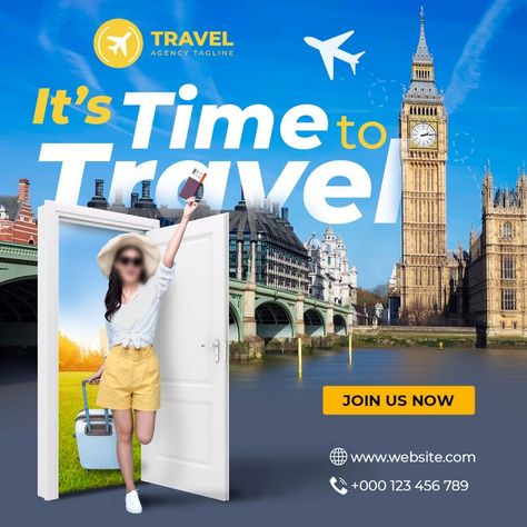 Its time to travel#pikbest#templates Travel Packages Poster, Travel Ads Design, Travel Social Media Design, Travel Creative Ads, Travel Agency Poster, Banner Graphic Design, Photoshop Eyes, Travel Advertising Design, Travel Banner