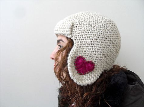 Pilot Hat, Heart Applique, Earflap Hat, Aviator Hat, Knitted Heart, Hat Beret, Wool Slippers, Hand Knit Hat, Knitted Slippers