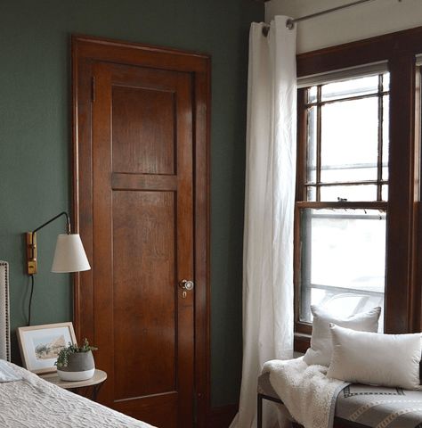 Craftsman Blue Paint Interior, Dark Paint With Wood Trim, Craftsman Bedroom Paint Colors, Paint Colors For Golden Oak Trim, Green Paint Wood Trim, Interior Paint And Trim Colors, Paint For Dark Wood Trim, Victorian Interior Colors, Blue Walls Wood Trim