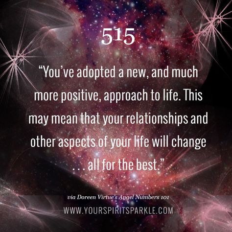 Angel # 515 - “You’ve adopted a new, and much more posi­tive, approach to life. This may mean that your relationships and other aspects of your life will change . . . all for the best." Angel Number 515 Meaning, 515 Angel Number, Witchcraft Essentials, Healing Butterfly, Sacred Numbers, 5:05 Angel Number Meaning, Spiritual Numbers, 9:19 Angel Number Meaning, Angle Numbers